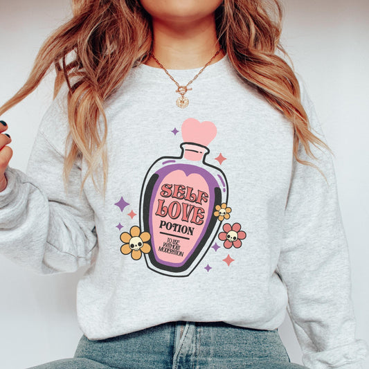 Potion Bottle Self Love Sweatshirt, Valentines Sweatshirt Women, Witchy Clothing, Witchy Clothes, Fall Crewneck, Dark Academia Clothing