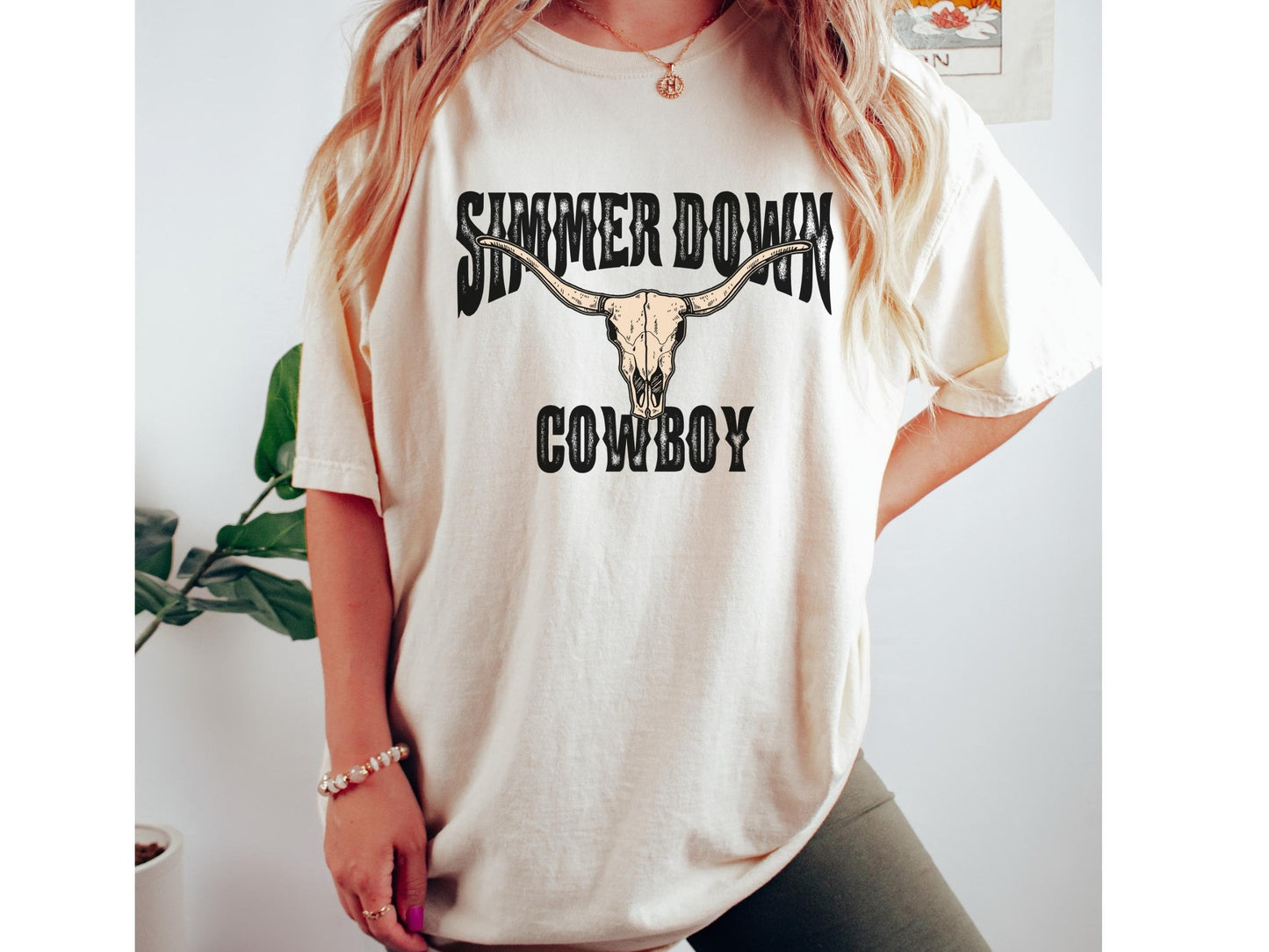 Simmer Down Cowboy Comfort Color Shirt Bull Skull Western Graphic Tee Rodeo TShirt Nashville Girls Trip Country Music Shirt Howdy TShirt Tee