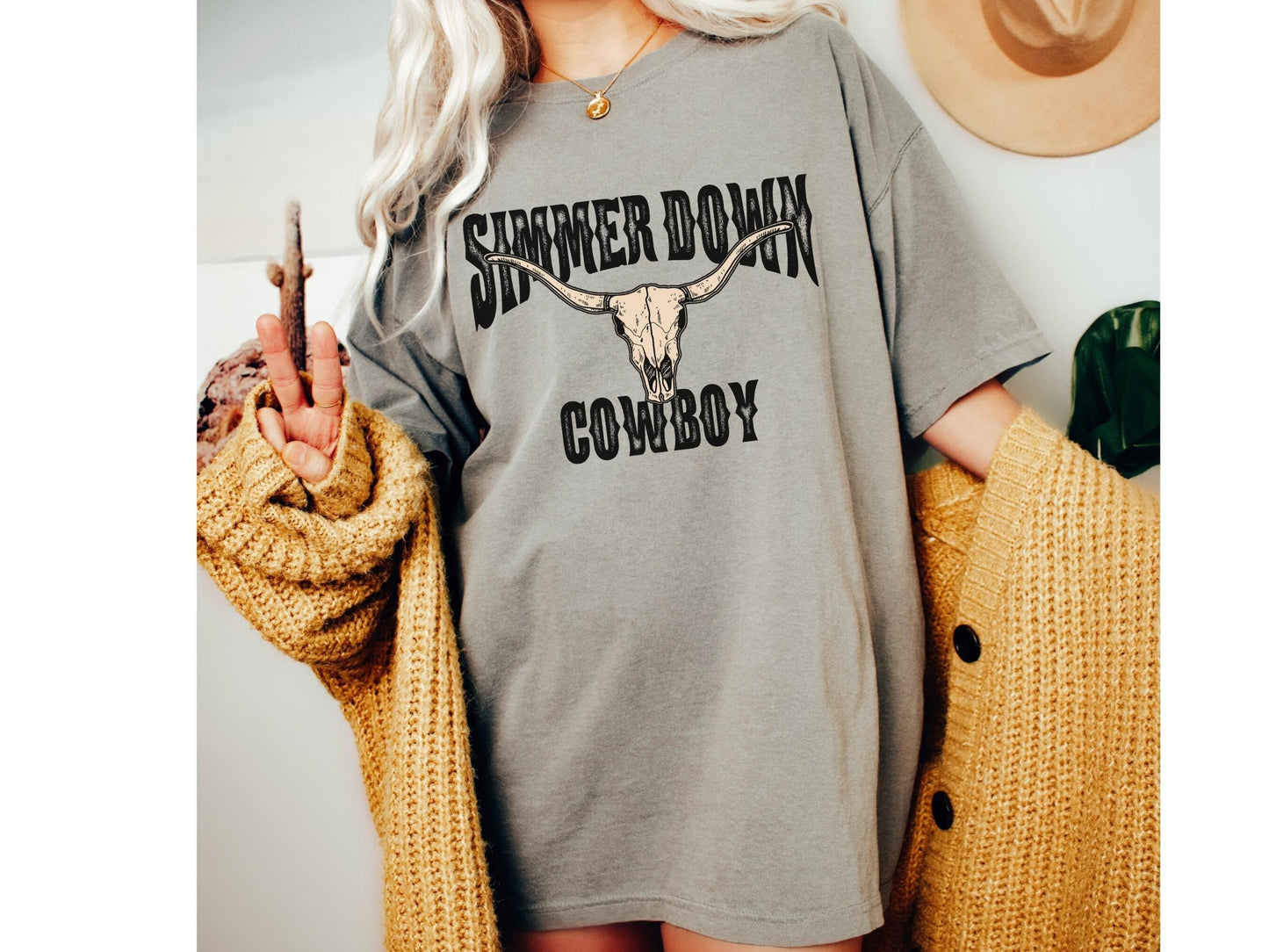 Simmer Down Cowboy Comfort Color Shirt Bull Skull Western Graphic Tee Rodeo TShirt Nashville Girls Trip Country Music Shirt Howdy TShirt Tee