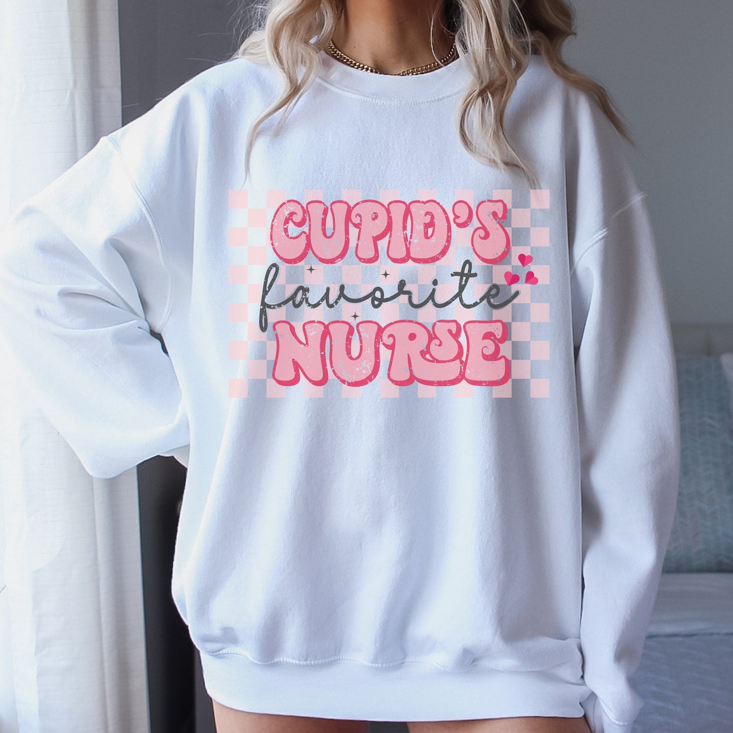 Cupids Favorite Nurse Sweatshirt Retro Nurse Valentines Day Crewneck Sweater ER Nurse Cute VDay Womens Funny RN Valentines Day Sweatershirt