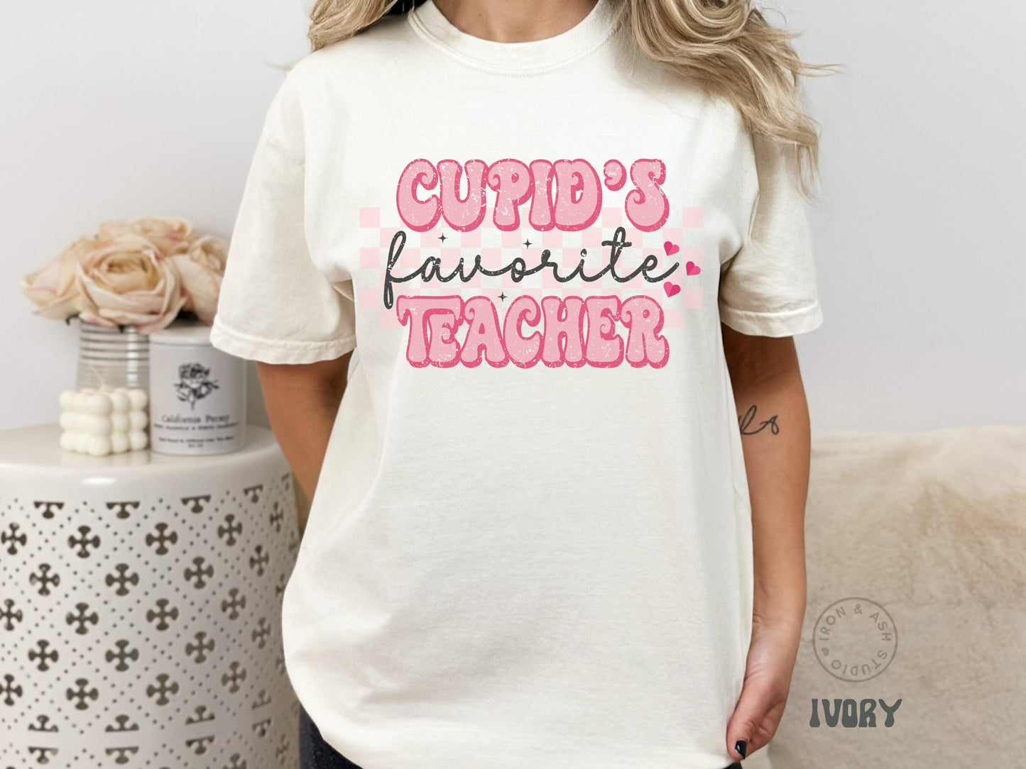 Cupids Favorite Teacher Valentine Comfort Color Shirt Retro Teacher Tee Valentine Gift for Teacher Aide Cute Valentine Party Outfit Checker