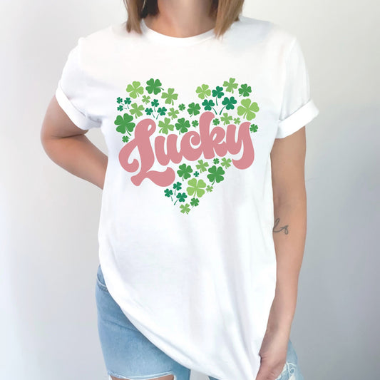 Lucky Shamrock Shirt Cute St Patricks Day Shirt Women 4 Leaf Clover Tshirt Heart Shamrock T Shirt St Patricks Teacher St Pattys Day Apparel