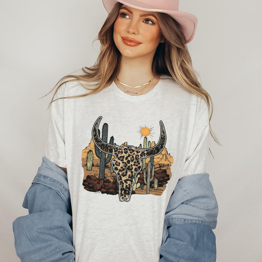 Western Graphic Tee, Leopard Bull Skull Shirt, Western Clothes, Desert Boho, Rodeo Tee, Country Concert Shirt, Cute Country Shirts, Cowgirl