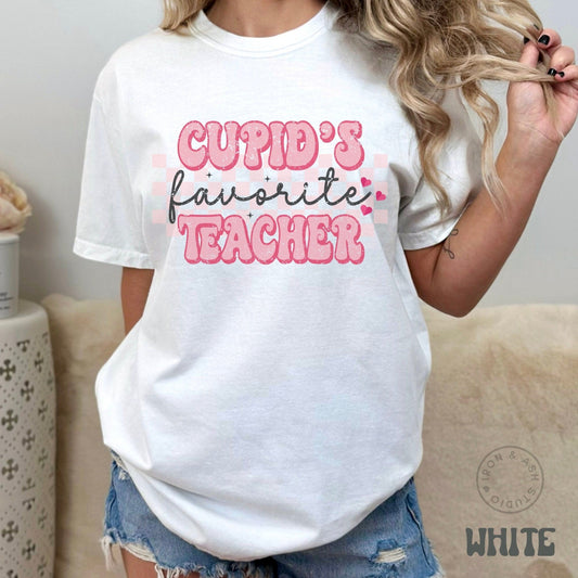 Cupids Favorite Teacher Valentine Comfort Color Shirt Retro Teacher Tee Valentine Gift for Teacher Aide Cute Valentine Party Outfit Checker