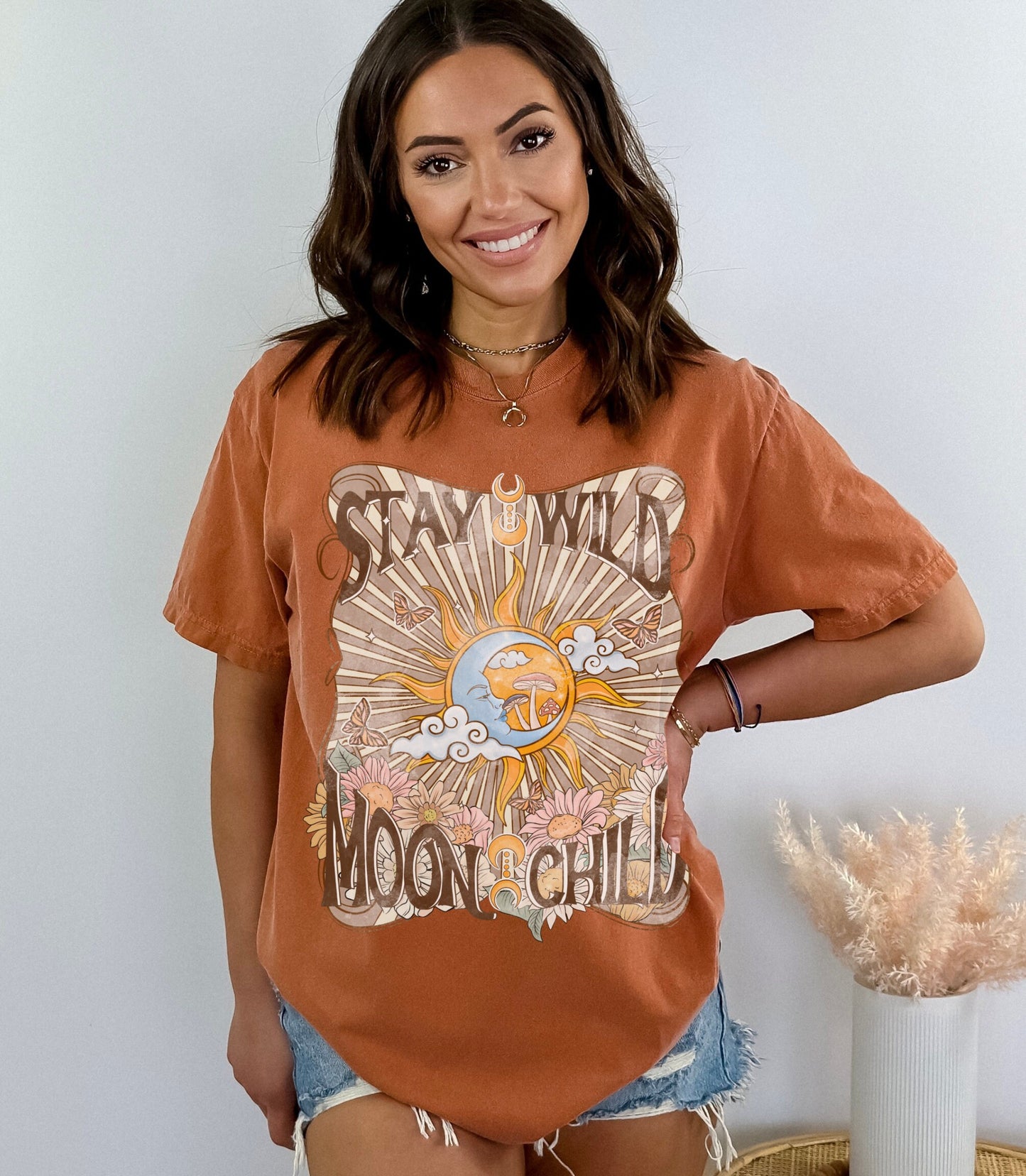 Stay Wild Moon Child Shirt Retro Hippie Comfort Color TShirt Boho Wildflower Vintage Aesthetic Moon T Shirt Indie Tee Trendy Oversized Tee