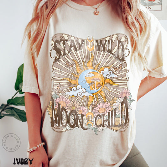 Stay Wild Moon Child Shirt Retro Hippie Comfort Color TShirt Boho Wildflower Vintage Aesthetic Moon T Shirt Indie Tee Trendy Oversized Tee