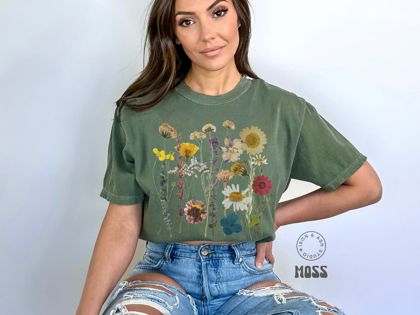 Boho Wildflowers  Shirt Comfort Colors TShirt Botanical Cottagecore Tee Goblincore Clothing Pressed Floral Shirt  Green Witch Fairycore Tee