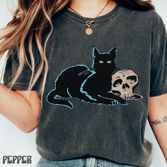 Skull Cat Shirt, Skeleton and Cat TShirt, Comfort Color, Vintage Art Apparel, Trendy Aesthetic, Witchy Clothing for Women, Skeleton Tee