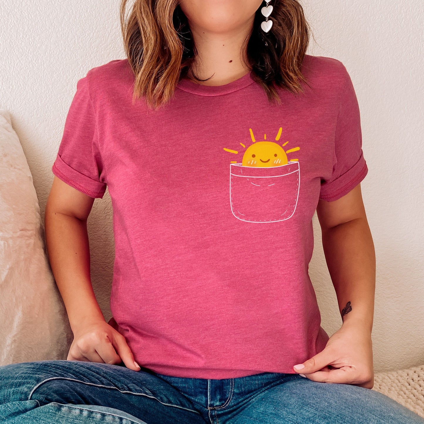 Pocket Full Of Sunshine Shirt, Pocket T-Shirt, Sunshine In My Pocket Tee, Summer T-Shirt, Summer tee Heather Raspberry