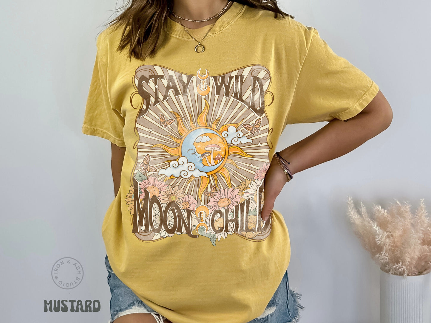 Stay Wild Moon Child Shirt Retro Hippie Comfort Color TShirt Boho Wildflower Vintage Aesthetic Moon T Shirt Indie Tee Trendy Oversized Tee